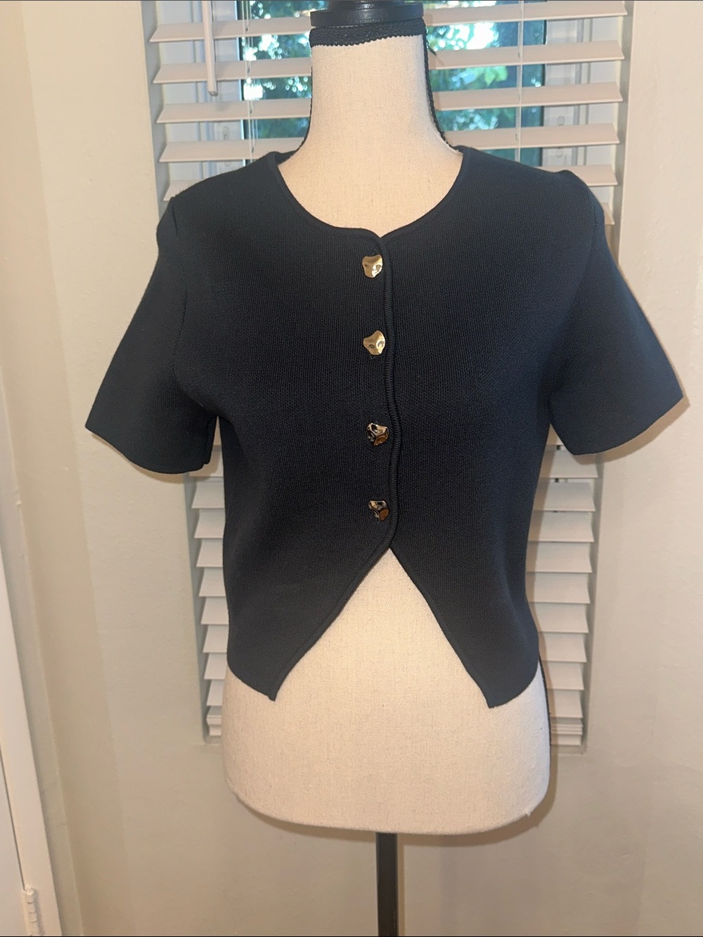 Zara Torqoiuse Green Short-Sleeve Cardigan with Heart-Shaped Buttons